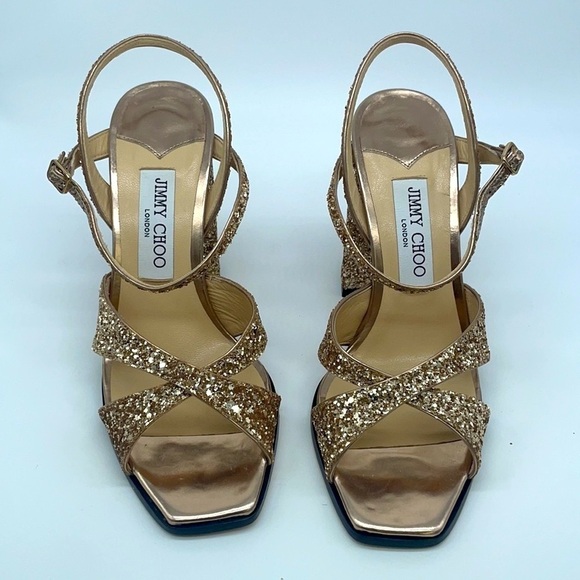 Jimmy Choo Gold Metallic glitter Joya Block heel strappy sandals 38 - Picture 2 of 7